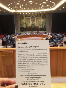 A cholera victims' testimony within the UN Security Council chamber. Bea Lindstrom.