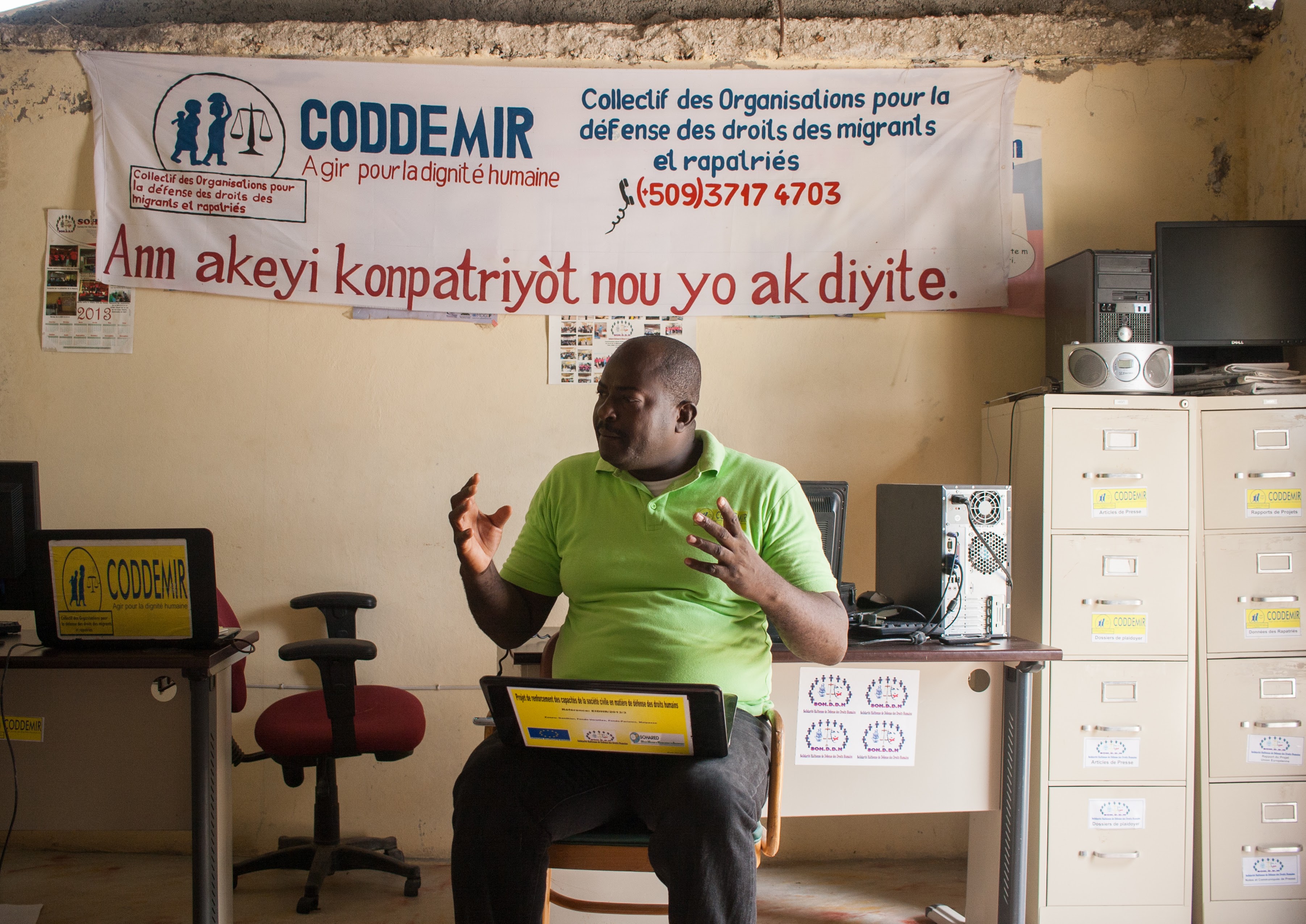 “When one person’s human rights are violated, everyone’s rights are violated” - Pierre Garot Nere, Coordinator of CODDEMIR, at CODDEMIR's offices in Malpasse, Haiti. Anna Vogt.