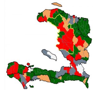 Map of Haiti illustrating the areas at greatest risk of cholera. The Artibonite is outlined in yellow (our emphasis added.) Map produced by the Government of Haiti Oct 9, 2016.